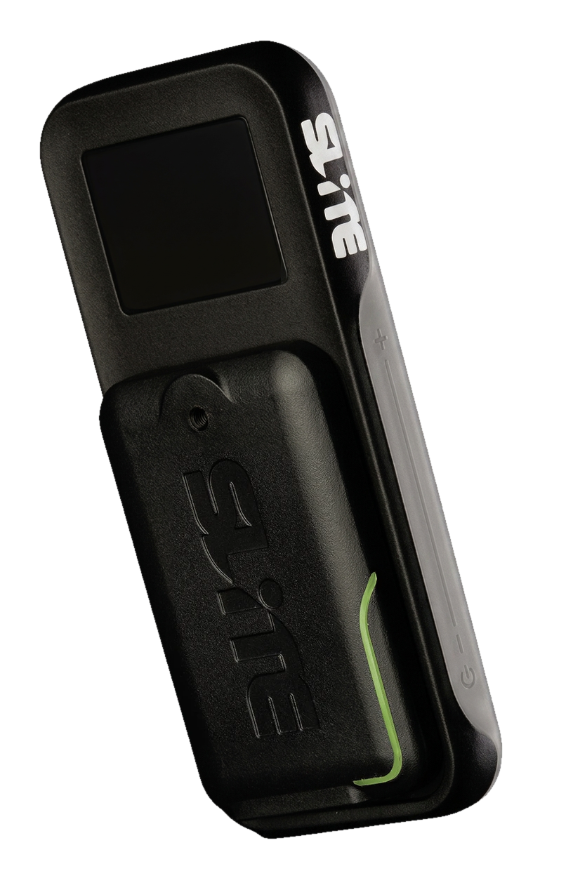 SLITE.one with SLITE.pop mounted, glowing green, out of the black